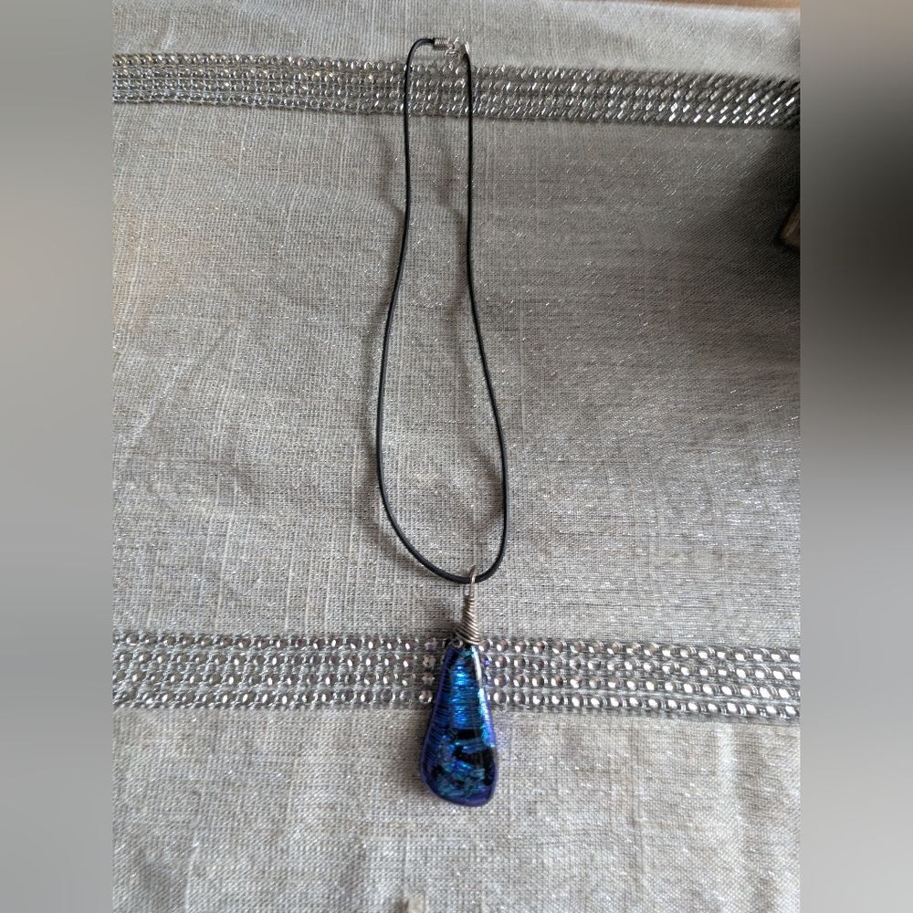 Handmade Deep Amethyst Blue Iridescent Glass Teardrop Pendant Necklace Black Cor - Picture 2 of 8